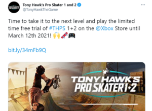 Anuncio sobre la prueba gratuita del juego. Foto: @TonyHawkTheGame